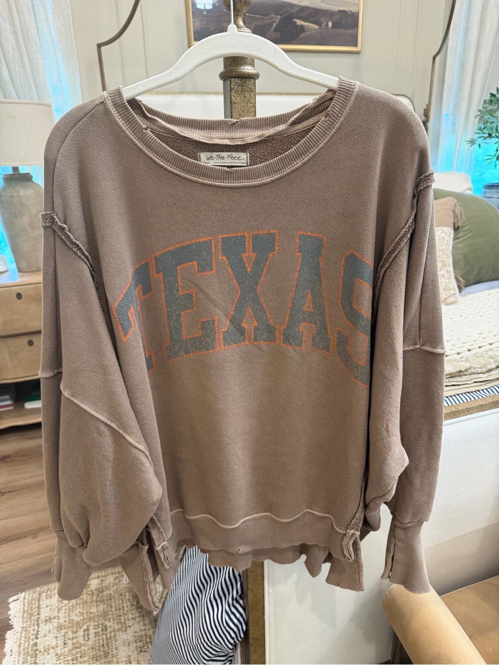 We The Free Taupe Texas Graphic Crewneck Sweatshirt with Orange Accent